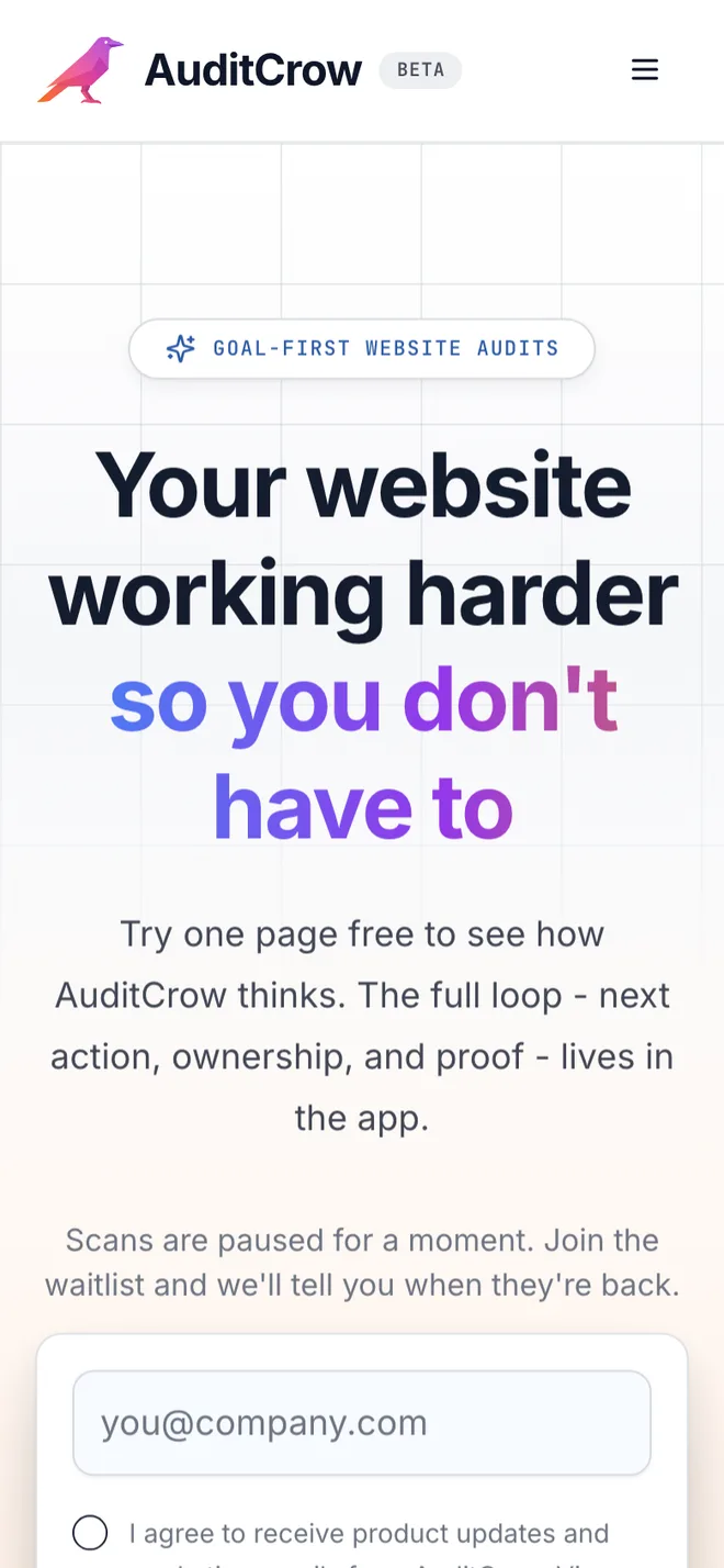 AuditCrow homepage on a phone: goal-first website audits headline and waitlist form