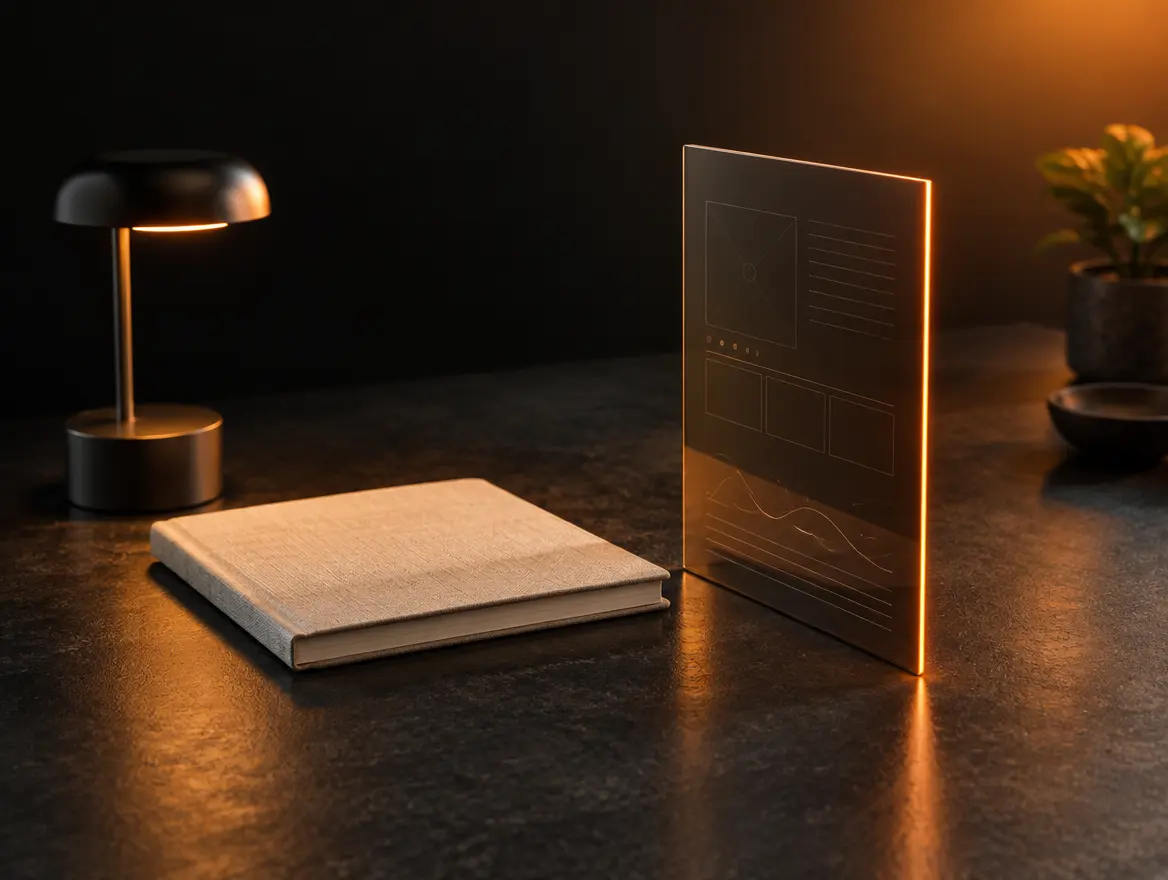 A desk lamp, a cloth notebook and one smoked glass panel on a dark desk
