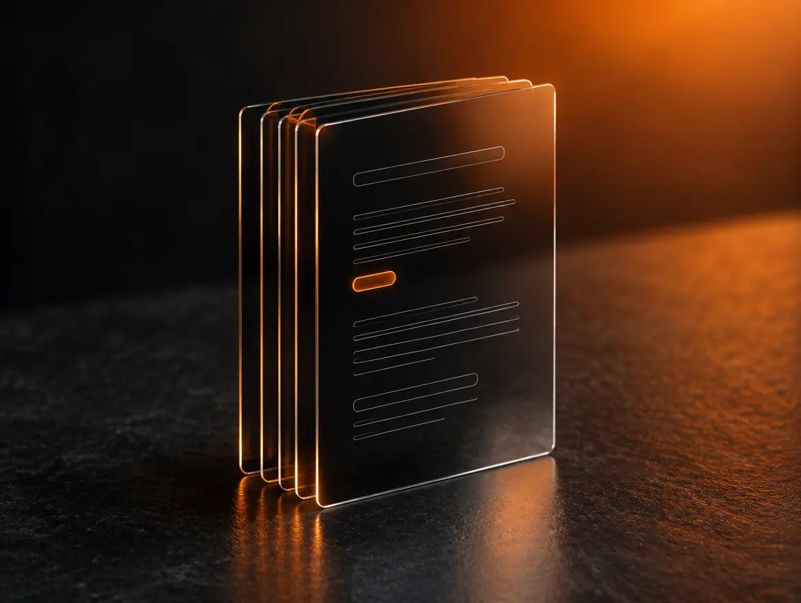 Stacked smoked glass notebook pages on a dark desk, with a warm orange edge light
