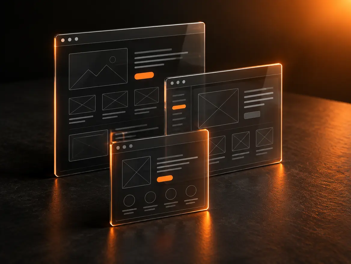 Three smoked glass browser frames on a dark desk, lit with a warm orange edge light