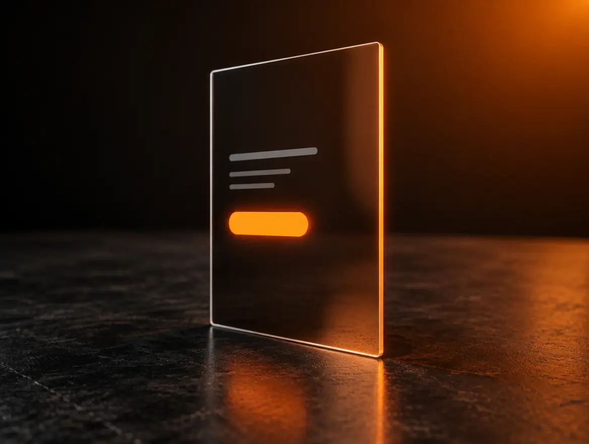 A single smoked glass panel on a dark desk, with one orange button