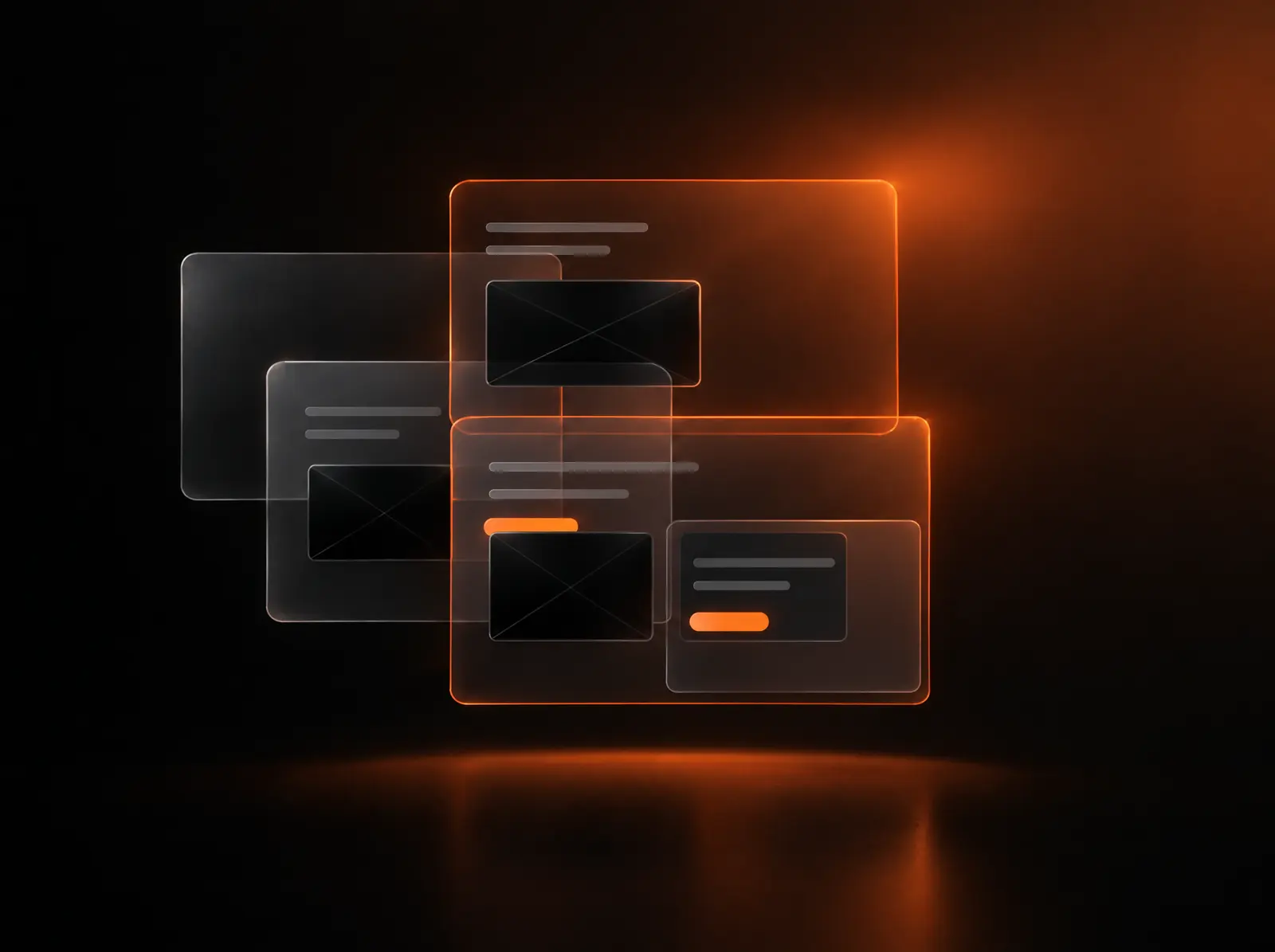 Overlapping smoked glass interface cards with a warm orange edge light
